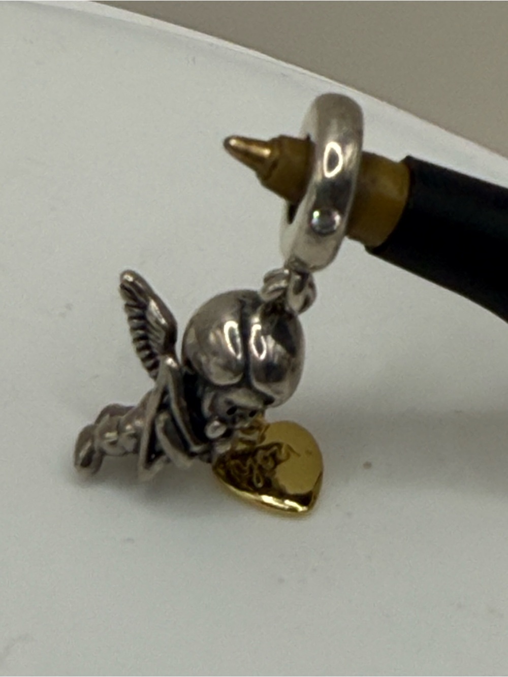 Pandora Sterling Cupid w Hanging Gold Heart on Chain